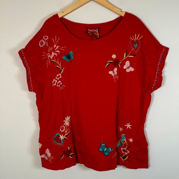 Johnny Was Tops - Johnny Was Embroidered Floral Butterfly Top XL 100% Cotton Short Sleeve FLAW